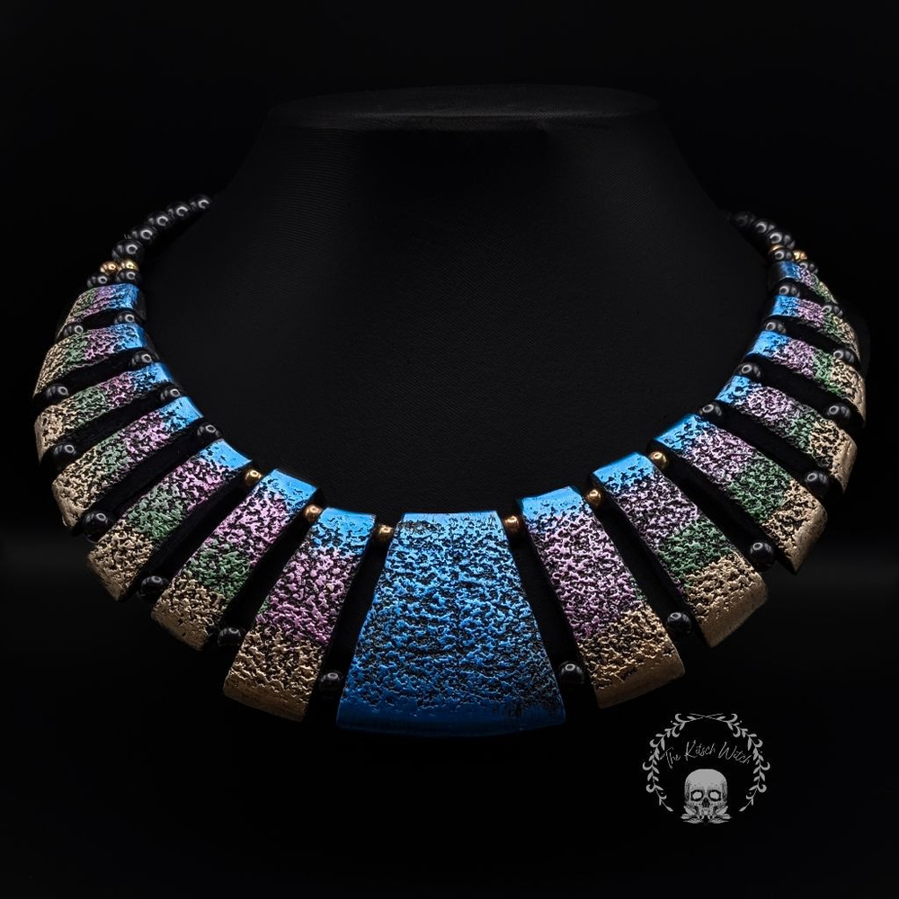 Textured Multicolor Mermaid Bright Metallic Rainbow Toned Beaded Bib Necklace
